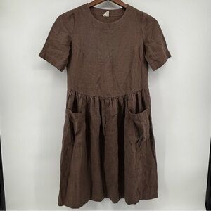 LinenBee Womens Brown Short Sleeve Maxi Pocketed Dress SeeMeasurements